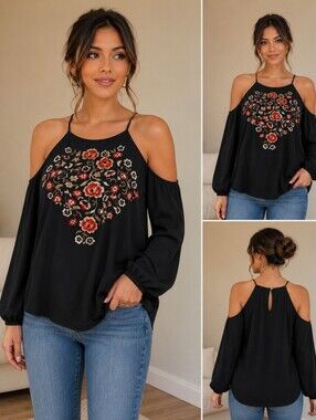Abercrombie & Fitch Black Embroidered Cold Shoulder Top Women's Size S NWT